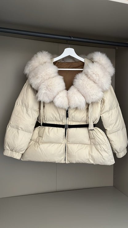 Cream Real Fox Fur Trim Cream Coat With Belt & Hood