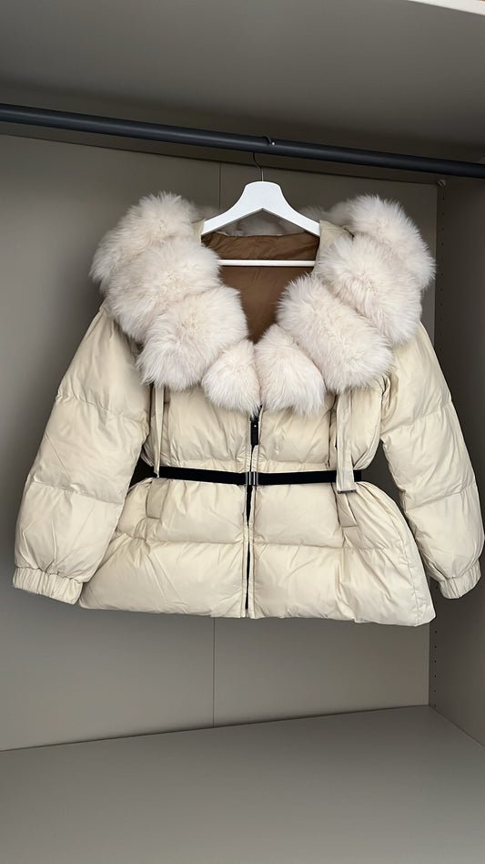 Cream Real Fox Fur Trim Cream Coat With Belt & Hood