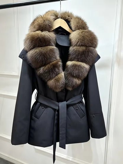 Black Down Coat With Tie Belt - Dark Brown Real Fox Fur