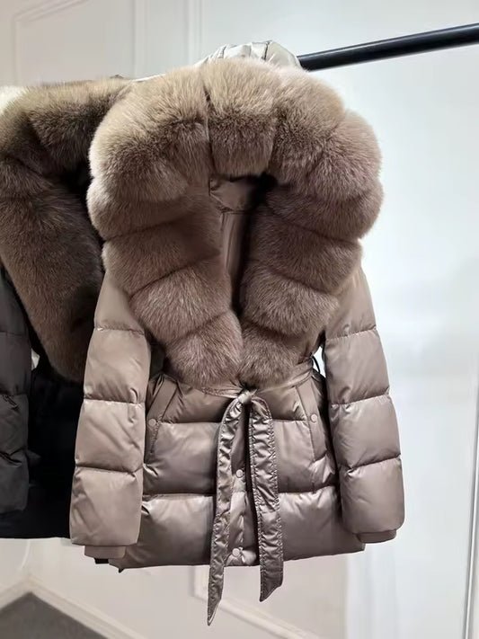 Taupe Tie Belt Coat With Mocha Fox Fur Trim