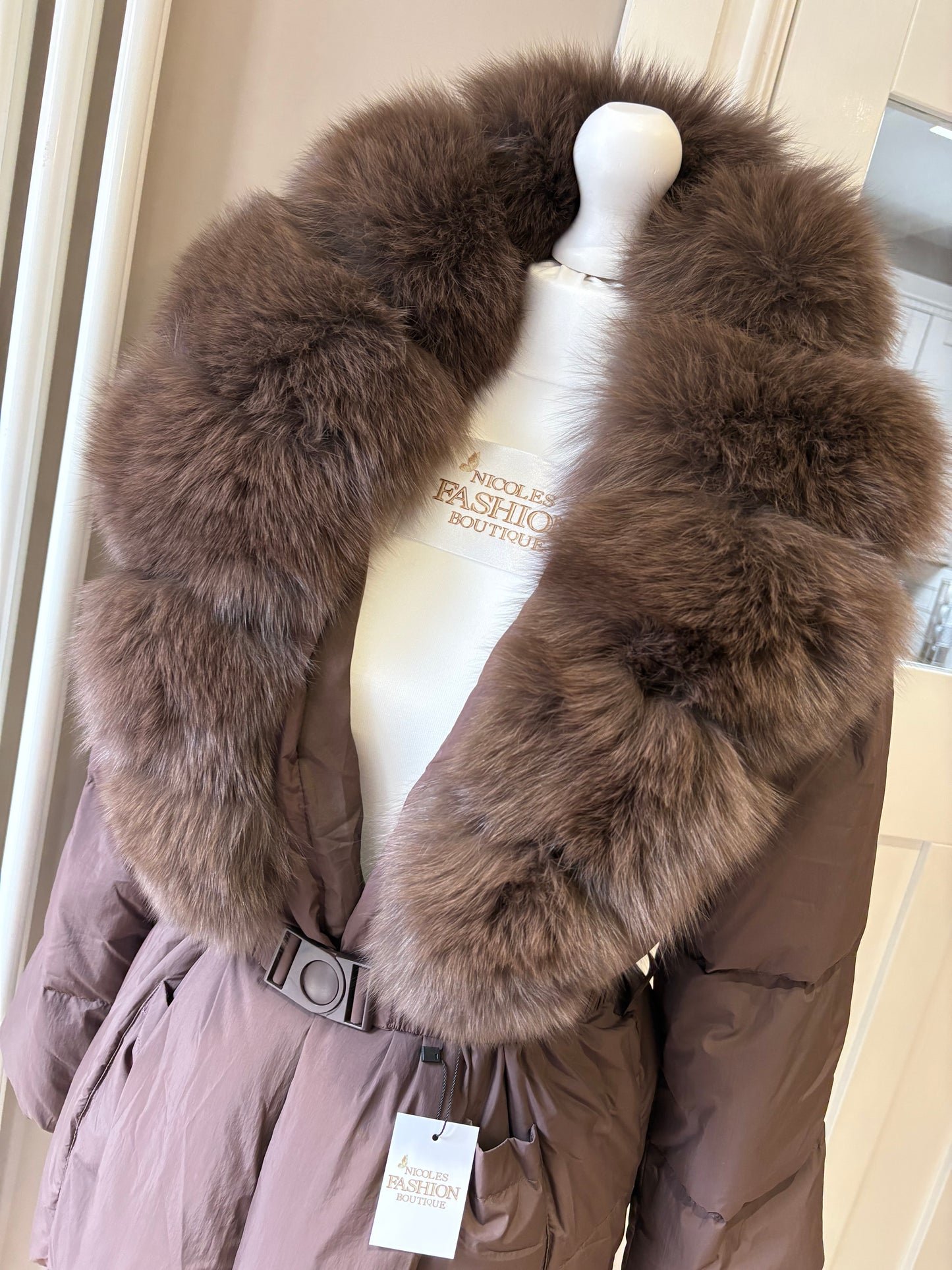 Brown Fox Fur Trim Coat With Belt