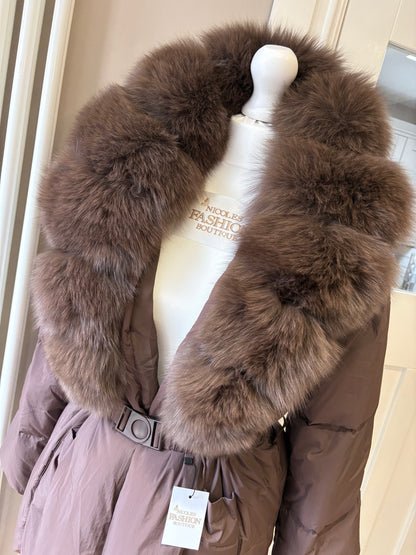 Brown Fox Fur Trim Coat With Belt