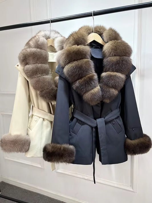 Black Down Coat With Tie Belt - Dark Brown Real Fox Fur