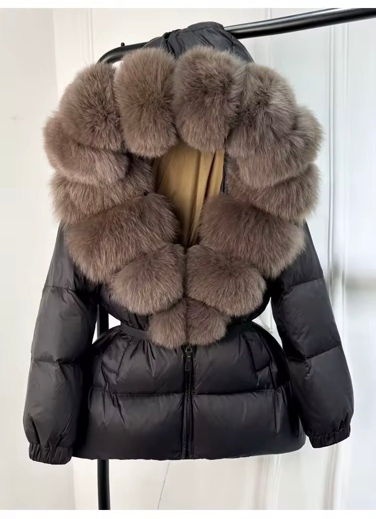 Brown Real Fox Fur Trim Black Coat With Belt & Hood