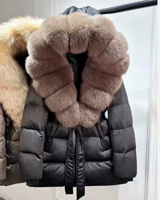 Black Tie Belt Coat With Mocha Fox Fur Trim