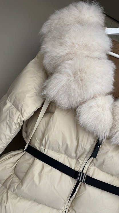 Cream Real Fox Fur Trim Cream Coat With Belt & Hood