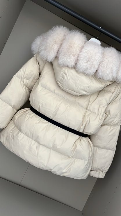 Cream Real Fox Fur Trim Cream Coat With Belt & Hood